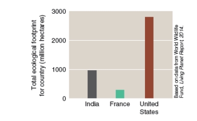 From the graphs below we can interpret the following:     A) Of the three nations, India has the most people overpopulation as it has a smallest per capita ecological footprint but the second largest total ecological footprint. B) Of the three nations, the United States has the most consumption overpopulation as both its per capita and total ecological footprint are the largest. C) France has a per capita ecological footprint of about 4.9 hectares, which makes it about five times the size of India and half the size of the United States. D) All of the above statements can be interpreted from the graphs.