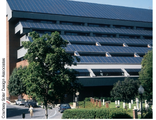 What type of solar system, illustrated below, is supplying 10% of Georgetown University's electricity?   A) Photovoltaic cell system B) Passive solar heating system C) Forced air re-circulating system D) Nonrenewable radiant energy system E) Biomass conversion solar system