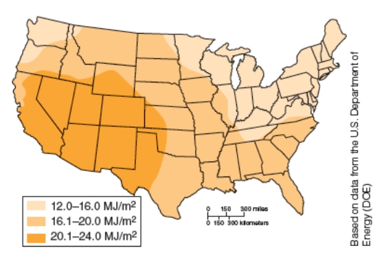 According to the U.S. map below of average daily total of annual solar energy, which state is least suited for producing electricity from solar energy?   A) Nebraska B) New York C) New Mexico D) North Carolina E) North Dakota