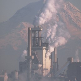 What makes the type of pollution illustrated below so dangerous?   A) The increased particulate matter in the air causes allergies. B) Water vapor emissions add to greenhouse gases. C) The smoke contributes to smog in the city. D) Liquid spills from railroad cars could contaminate topsoil. E) The smoke stack emissions may contain dioxins.