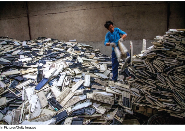 What is the most effective method of disposal for the high-tech waste illustrated below?   Obsolete computer equipment A) reduce to ash in a mass-burn incinerator B) disassemble and send functional parts to developing countries for recycling C) bury with soil in a sanitary land fill D) store in metal drums in a hazardous waste landfill E) store in watertight containers and discard in the ocean