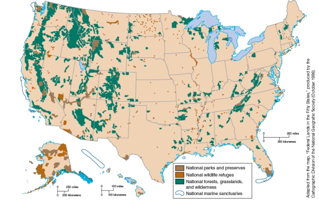 According to the map below, the state with the LARGEST national wildlife refuges is:   A) North Dakota B) Alaska C) Idaho D) California