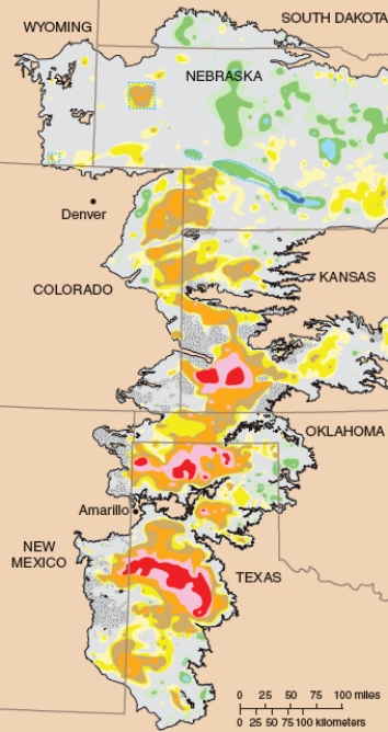 What does the DARK BLUE are on the map illustrate?   A) Areas of the High Plains Aquifer that contain the deepest water. B) Areas of the High Plains Aquifer that have had most of the water removed. C) Areas of the High Plains Aquifer that have run dry. D) Areas of the High Plains Aquifer with high saltwater intrusion.