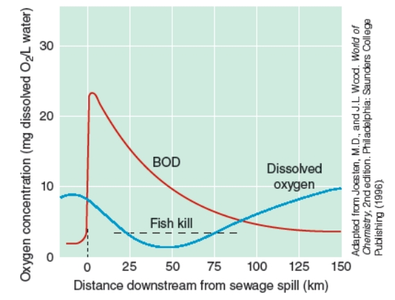 Given the data in the graph below, at what approximate distance downstream from the sewage spill will a fish kill be most likely?   A) 0 km B) 5 km C) 50 km D) 75 km