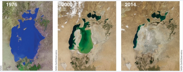Compare and contrast the three photographs below. Identify what the photos are of and describe the reasons for the differences. What is the potential future for this region?  