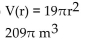 Solve the problem. -The formula for the volume of a right circular cylinder is   . If the height is 19 m, then the volume is a function of the radius, r. Write the function using function notation, where the height is 19. Determine the Volume if the radius is 11 m. A)    B)    C)    D)   