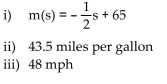 Solve the problem. -The gas mileage, m, of a compact car is a linear function of the speed, s, at which the car is driven, for 40 ≤ s ≤ 90. For example, from the graph we see that the gas mileage for the compact car is 45 miles per gallon if the car is Driven at a speed of 40 mph.   i)  Using the two points on the graph, determine the function m(s)  that can be used to approximate the graph. Ii)  Using the function from part i, estimate the gas mileage if the compact car is traveling 43 mph. If necessary, round To the nearest tenth. Iii)  Using the function from part i, estimate the speed of the compact car if the gas mileage is 41 miles per gallon. If Necessary, round to the nearest tenth. A)    B)    C)    D)   