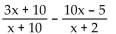 Find the least common denominator for the expression. -  A)  (3x + 10) (10x - 5)  B)  (x + 10) (x + 2)  C)  x + 10 D)  x + 2