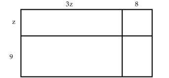 Solve the problem. -Consider the figure below. (a)  Write an expression for the length of the top. (b)  Write an expression for the length of the left side. (c)  Write an expression for the area of the largest rectangle.   A)    +35z B)    + 8z + 72 C)    + 35z + 72 D)    + 27z +72