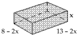 Solve the problem. -Suppose that a rectangular solid has length 13 - 2x, width 8 - 2x, and height x.   First write a polynomial that represents the area of the base by multiplying the length by the width. Use that polynomial to find the volume of the figure by multiplying the area of the base by the height. A)    B)    C)    D)   