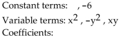 For the given expression, identify the terms and the numerical coefficients. -  A)    B)    C)    D)   