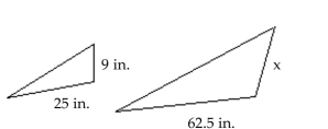 The following figures are similar. For the pair, find the length of the side indicated by x. -  A)  225 in. B)  3.6 in. C)  0.36 in. D)  22.5 in.