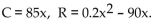 Solve the problem. -For the given cost and revenue equations, find the break-even point(s)    A)  0 andR = 85x. 175 B)  875 C)  0 D)  0 and 875