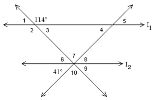 Find the measures of each numbered angle. Assume that l1 is parallel to l2. -  A)  ∠1 = ∠3 = ∠6 = ∠9 = 139°, ∠2 = 114°, ∠4 = ∠5 = ∠8 = 41°, ∠7 = ∠10 = 66° B)  ∠1 = ∠3 = ∠4 = ∠5 = 66°, ∠2 = 114°, ∠6 = ∠9 = ∠8 =41°, ∠7 = ∠10 = 73° C)  ∠1 = ∠3 = ∠6 = ∠9 = 139°, ∠2 = 114°, ∠4 = ∠5 = ∠8 = 73°, ∠7 = ∠10 = 66° D)  ∠1 = ∠3 = ∠6 = ∠9 = 66°, ∠2 = 114°, ∠4 = ∠5 = ∠8 = 41°, ∠7 = ∠10 = 73°