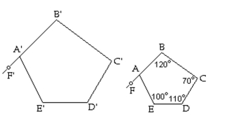 Pentagons ABCDE and A'B'C'D'E' are similar figures. Find the measure of the angle. -    A)  60° B)  130° C)  40° D)  50°