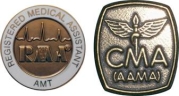 The pins depicted in this figure are conferred upon passing a certification exam. The pin on the right is conferred on its members by which organization?   A)  American Medical Technologists B)  American Association of Medical Assistants C)  National Healthcareer Association D)  National Association for Health Professionals E)  National Center for Competency Testing
