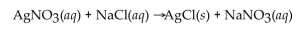 In the reaction of silver nitrate with sodium chloride, how many grams of silver chloride will be produced from 100. g of silver nitrate when it is mixed with an excess of sodium chloride? The equation for the reaction is below.   A) 107.9 g B) 169.9 g C) 58.9 g D) 84.4 g E) 0.589 g