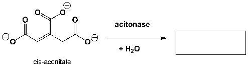 Water-addition to cis-aconitate leads to D-isocitrate. Complete the reaction scheme.  