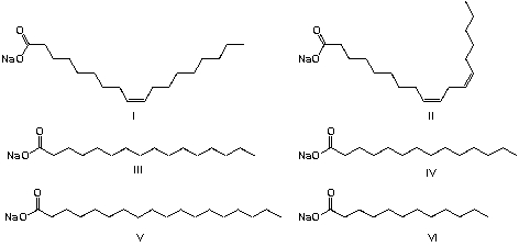 Soap is an anionic surfactant used in conjunction with water for washing and cleaning. It is a typical example for European Medieval technology. Animal or plant fats are hydrolyzed by the strong base (NaOH in water, usually called lye) , yielding alkali salts of fatty acids and glycerol. Historically, tallow (beef or mutton fat)  is used for saponification. Tallow contains glycerol esters of oleic acid (47%) , palmitic acid (26%)  and stearic acid (14%) . What are the chemical components of soap from tallow?   A)  I, II, III B)  II, III, IV C)  I , III, V D)  III, IV, V, VI