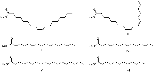 Today, palm oil or palm kernel oil is often used for the production of soap. The main components of palm kernel oil are glycerol esters of lauric acid (48%) , myristic acid (16%)  and palmitic acid (14%) . What are the chemical components of soap from palm kernel oil?   A)  I, II, III B)  III, IV, V C)  III, IV, VI D)  IV, V, VI