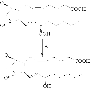 Which is the best description of the second step (B)  of the biosynthesis of prostaglandins?   A)  hydration B)  reduction C)  oxidation D)  Claisen condensation