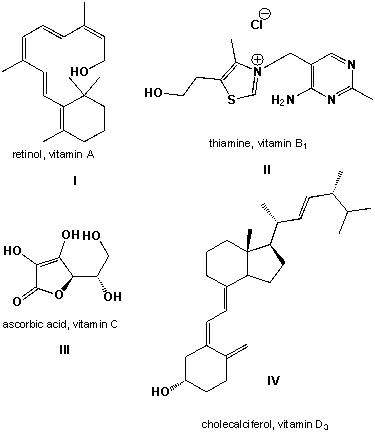 Order the four vitamins according to increasing fat-solubility (most hydrophilic first) :   A)  II, III, I, IV B)  IV, II, III. I C)  III, II. I. IV D)  I, II, III, IV