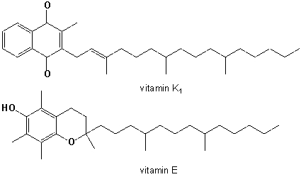 Which common structural feature of vitamin E and vitamin K<sub>1</sub> best accounts for the greater solubility of these molecules in organic solvents than water?   A)  aromatic rings B)  oxygen atoms C)  4 isoprene units D)  a quinone / hydroquinone units