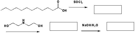 Lauramide diethanolamine (lauramide DEA, the main component of cocamide DEA) is prepared by reacting lauric acid from coconut oil with diethanolamine. It is a viscous liquid and a typical foaming agent in shampoos and bath products. Complete the following sequence of reactions.  