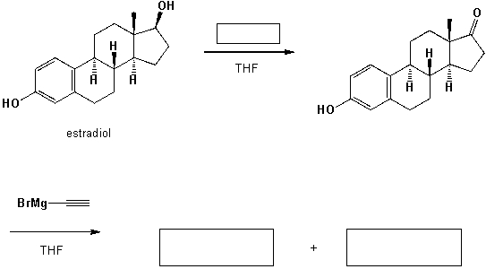  17- \alpha -Ethinyl-estradiol is an orally bio-active estrogen used in almost all modern formulations of contraceptive pills. It is one of the most commonly used medications. Complete the following synthetic scheme:   
