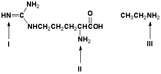 Which is the order of increasing basicity for the indicated amino groups (least first) ?   A)  I, II, III B)  II, III, I C)  III, II, I D)  I, III, II