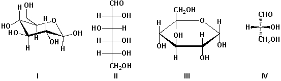  Which is the correct structure for  \alpha -D-glucopyranose?   A)  I and II B)  III and IV C)  III D)  I 