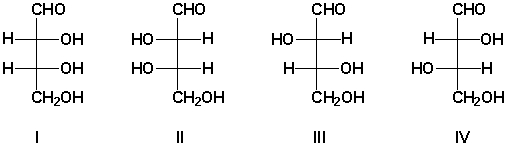 Two sugars produce identical products when treated with NaBH<sub>4</sub>. Which of the following are possible structures for the sugars?   A)  I, II B)  I, III C)  III, IV D)  II, IV