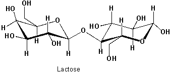  Lactose, which makes up between 2 to 8 percent of milk (depending on the species)  is a disaccharide, in which D-Galactose and D-Glucose are linked. What type of glycosidic bond can you discern?   A)    \beta -1,4 glycosidic bond  B)    \alpha -1,4 glycosidic bond  C)    \beta -1,2 glycosidic bond  D)    \alpha -1,2 glycosidic bond  