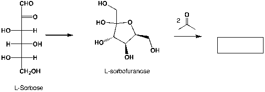L-Sorbofuranose reacts with two molecules of acetone. Complete the reaction scheme.  