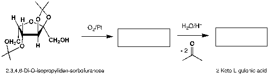 2,3,4,6-Di-O-isopropyliden-sorbofuranose undergoes oxidation at a platinum-catalyst and subsequent hydrolysis to 2-Keto-L-gulonic acid. Complete the reaction scheme.  