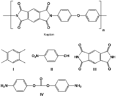 Kapton is a polyimide developed by DuPont which has an excellent stability in the temperature range of 0K to 673K) . Therefore, it is widely used in the aircraft and space industry although its resistance to mechanical wear is inferior to that of other polymers, such as Mylar (polyethylene terephthalate) . Which of the following molecules can be either starting materials or intermediates in the synthesis of Kapton?   A)  I, II B)  II, III C)  I, III D)  III, IV