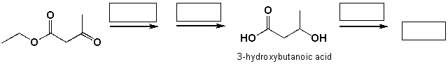 Poly-3- hydroxybutanoic acid is a biodegradable polymer. Complete the reaction scheme shown below, which leads to the synthesis of poly-3-hydroxybutanoic acid.  