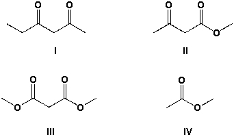 Order the molecules according to decreasing acidity.   A)  II, III, IV, I B)  I, II, III, IV C)  III, IV, I, II D)  IV, II, III, I