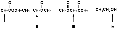 What is the order of decreasing acidity for the indicated protons (most acidic first) ?   A)  I, II, III, IV B)  III, IV, II, I C)  II, I, III, IV D)  IV, III, II, I