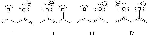 Which are the most important contributing structures for the enolate formed by the treatment of 2,4-pentanedione with base?   A)  I, II B)  II, III C)  III, IV D)  I, IV