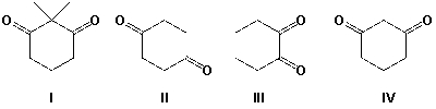 Which compound undergoes the fastest exchange of hydrogen for deuterium when treated with D<sub>2</sub>O and a trace of OD<sup>-</sup>?   A)  I B)  II C)  III D)  IV