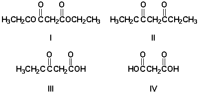 Which compounds will undergo decarboxylation upon heating?   A)  I, II B)  II, III C)  III, IV D)  II, IV
