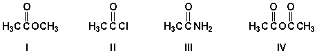 What is the order of decreasing reactivity toward nucleophilic acyl substitution for these carboxylic acid derivatives (most reactive first) ?   A)  II, IV, I, III B)  III, IV, I, II C)  IV, I, II, III D)  I, II, III, IV