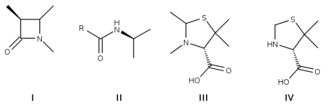 Penicillins derived from Penicillium fungi were the first available  \beta -lactam antibiotics, which inhibit the biosynthesis of the peptidoglycan layer of bacterial cell walls. Which detail of the structure of penicillin is the  lactam-unit ?     A)  I B)  II C)  III D)  IV 