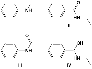 Which is the final product of a series of reactions starting with ethyl benzoate and reacting with 1)  aqueous sulfuric acid and heat, 2)  thionyl chloride, and 3)  ethylamine?   A)  I B)  II C)  III D)  IV