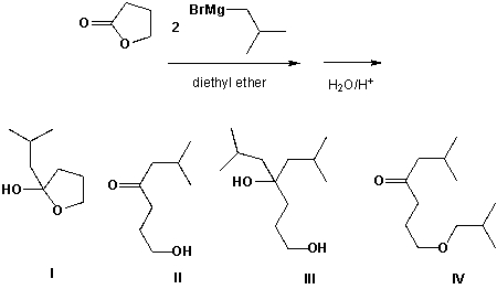 Butyrolactone reacts with isobutyl magnesium bromide. Which is the major product formed?   A)  I B)  II C)  III D)  IV