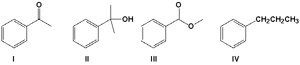 Which is the product of the reaction of ethyl benzoate with 2 equivalents of methyl Grignard followed by aqueous acid?   A)  I B)  II C)  III D)  IV