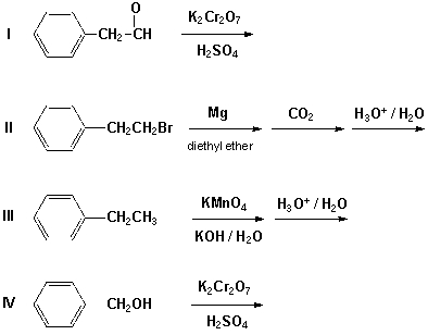 Which reactions yield the same carboxylic acid?   A)  I, II, IV B)  I, III, IV C)  II, III, IV D)  I, II, III