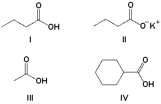 Arrange the compounds in order of increasing solubility in water (least soluble first) .   A)  II, III, I, IV B)  IV, I, III, II C)  I, IV, II, III D)  II, III, IV, I