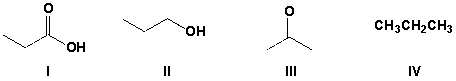 Which compounds are soluble in water?   A)  I, II, IV B)  I, III, IV C)  I, II, III D)  II, III, IV